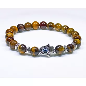   Ásvány karkötő tigrisszem és antikolt ezüst színű Hamsa kéz