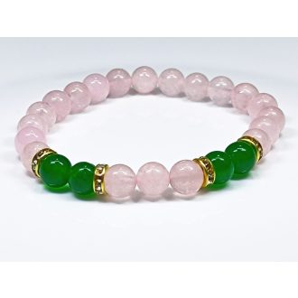   Ásvány karkötő rózsakvarc, zöld achát és arany színű csillogó köztes