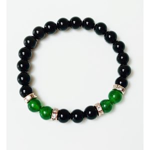 Ásvány karkötő ónix, zöld achát és arany színű csillogó köztes