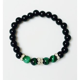   Ásvány karkötő ónix, zöld tigrisszem és ezüst színű csillogó köztes