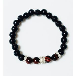 Ásvány karkötő ónix, piros tigrisszem és ezüst színű csillogó köztes