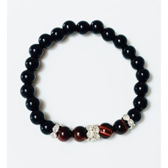   Ásvány karkötő ónix, piros tigrisszem és ezüst színű csillogó köztes