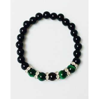   Ásvány karkötő ónix, zöld tigrisszem és ezüst színű csillogó köztes 