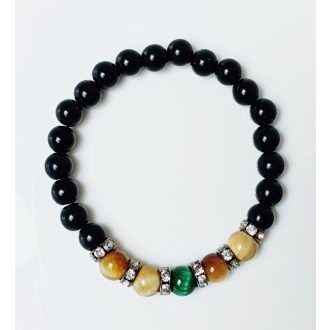   Ásvány karkötő ónix, arany és zöld tigrisszem, ezüst színű csillogó köztes