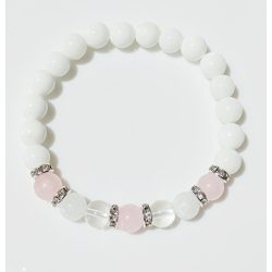  Ásvány karkötő tridacna, fehér jáde, rózsakvarc, hegyikristály és cirkónium kristályos ezüst színű köztes
