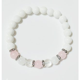   Ásvány karkötő tridacna, fehér jáde, rózsakvarc, hegyikristály és cirkónium kristályos ezüst színű köztes