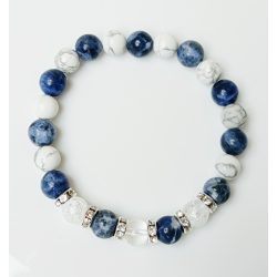   Ásvány karkötő howlit, szodalit, hegyikristály és ezüst színű csillogó köztes