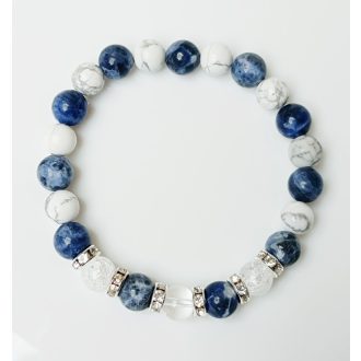   Ásvány karkötő howlit, szodalit, hegyikristály és ezüst színű csillogó köztes