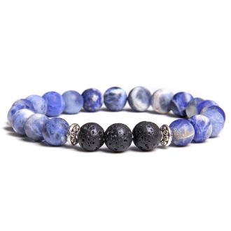   Ásvány karkötő szodalit, lávakő és ezüst színű lencse alakú köztes