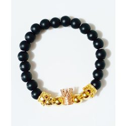   Ásvány karkötő ónix, arany színű gömbökkel és arany színű koronákkal