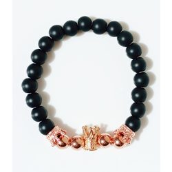   Ásvány karkötő ónix, rózsaarany színű gömbökkel és rózsaarany színű koronákkal