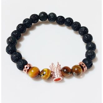   Ásvány karkötő lávakő, tigrisszem, rózsaarany színű korona és rózsaarany színű köztes