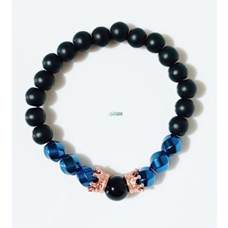   Ásvány karkötő matt és fényes ónix, kék színezetű, csavart hematit, rózsaarany színű koronákkal