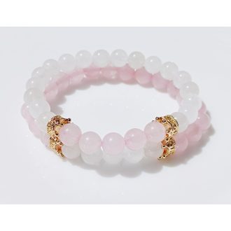   Páros ásvány karkötő rózsakvarc és fehér jáde - arany koronákkal 2 db-os szett