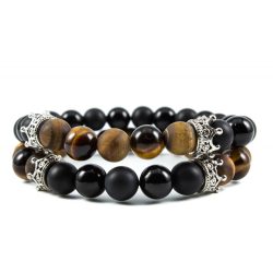   Páros ásvány karkötő ónix, tigrisszem, ezüst színű koronákkal 2 db-os szett