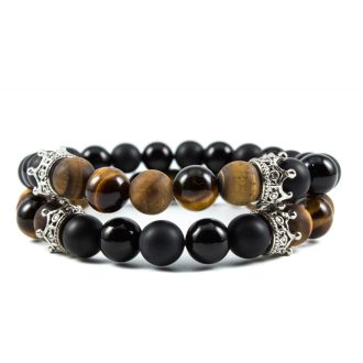   Páros ásvány karkötő ónix, tigrisszem, ezüst színű koronákkal 2 db-os szett