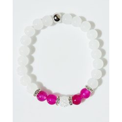   Ásvány karkötő fehér jáde, fuxia achát, roppantott hegyikristály és csillogó ezüst színű köztes