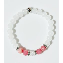   Ásvány karkötő fehér jáde, színezett achát és csillogó ezüst színű köztes