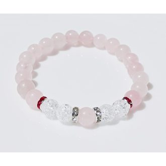   Ásvány karkötő rózsakvarc és roppantott hegyikristály - cirkónium köves ezüst színű köztessel