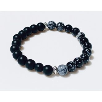   Ásvány karkötő fele ónix, fele hópehely obszidián és ezüst színű lencse alakú köztes