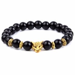   Ásvány karkötő ónix - arany leopárd fej és arany színű lencse alakú köztes