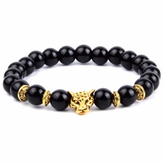   Ásvány karkötő ónix - arany leopárd fej és arany színű lencse alakú köztes