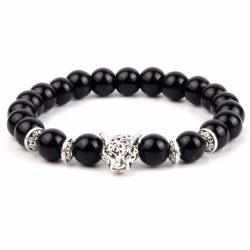   Ásvány karkötő ónix - ezüst színű leopárd fej és ezüst színű lencse alakú köztes