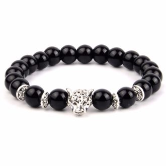   Ásvány karkötő ónix - ezüst színű leopárd fej és ezüst színű lencse alakú köztes