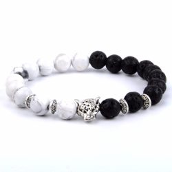   Ásvány karkötő fele howlit, fele lávakő, ezüst színű lencse alakú köztes és ezüst színű leopárd fej