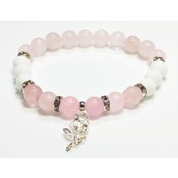   Rózsaszál függő - ásvány karkötő tridacna, rózsakvarc - csillogó ezüst színű köztes