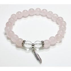   Indiántoll függő - ásvány karkötő - rózsakvarc, hegyikristály és csillogó ezüst színű köztes