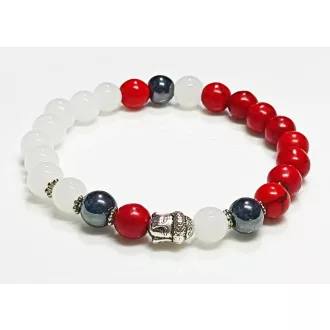   Ásvány karkötő fehér jáde, piros türkiz - ezüst színű Buddha fej, virágforma fém köztes