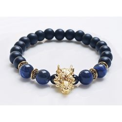   Ásvány karkötő matt ónix, szodalit - aranyszínű farkasfej és lencse alakú metál köztes