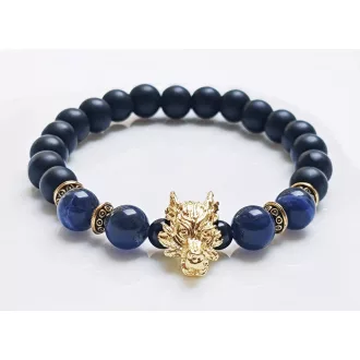   Ásvány karkötő matt ónix, szodalit - aranyszínű farkasfej és lencse alakú metál köztes