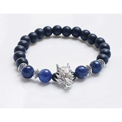   Ásvány karkötő matt ónix, szodalit - ezüst színű farkasfej és lencse alakú metál köztes