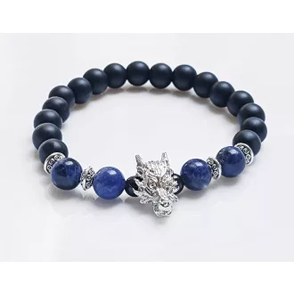   Ásvány karkötő matt ónix, szodalit - ezüst színű farkasfej és lencse alakú metál köztes