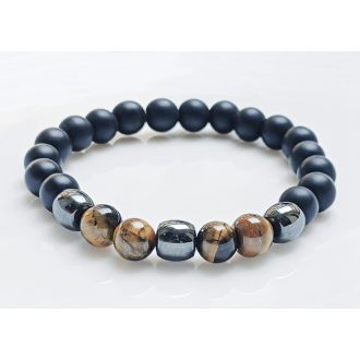   Ásvány karkötő matt ónix, tigrisszem és hordó alakú mágneses hematit