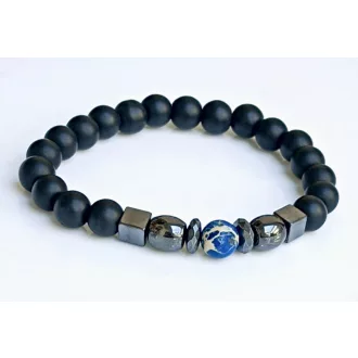   Ásvány karkötő ónix, kocka, hordó és lencse alakú hematit, és egy tengerkék üledéki jáspis