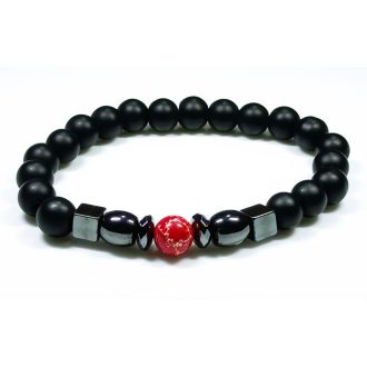   Ásvány karkötő ónix, kocka, hordó és lencse alakú hematit és egy piros üledéki jáspis