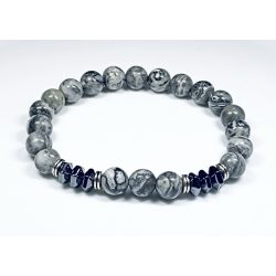   Ásvány karkötő térkép jáspis, pogácsa alakú hematit - ezüst színű köztes