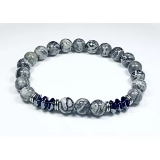   Ásvány karkötő térkép jáspis, pogácsa alakú hematit - ezüst színű köztes