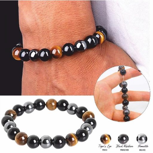 Ásvány karkötő - Hármas védelem - tigrisszem - obszidián - mágneses hematit