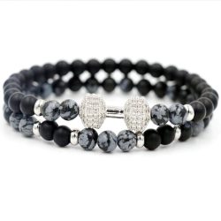   Páros fitt ásvány karkötő ónix - obszidián - ezüstös cirkónium kristályos súlyzós szett