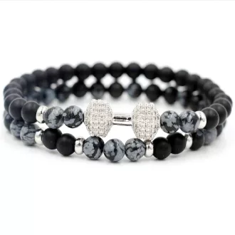   Páros fitt ásvány karkötő ónix - obszidián - ezüstös cirkónium kristályos súlyzós szett