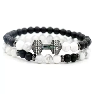   Páros fitt ásvány karkötő ónix - howlit - fekete cirkónium kristályos súlyzós szett