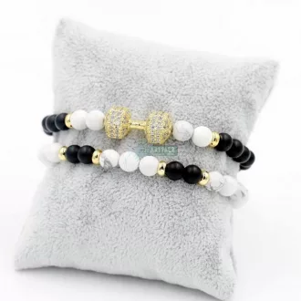   Páros fitt ásvány karkötő ónix - howlit - aranyszín cirkónium kristályos súlyzós szett