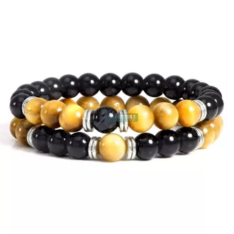   Arany tigrisszem - Ónix ezüst köztes ásvány páros karkötő