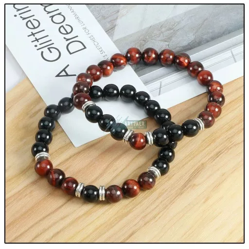 Vörös tigrisszem - Ónix ezüst köztes ásvány páros karkötő