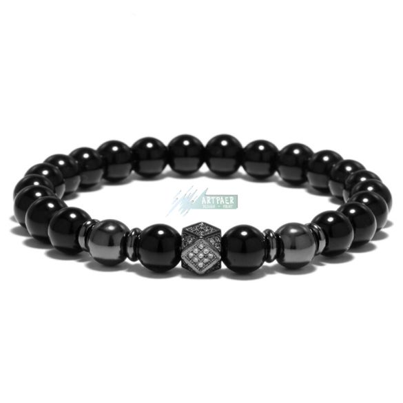 Ónix - Hematit - Micro Pave Cirkónium kristállyal - ásvány karkötő