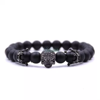   Fekete koponya cirkónium kristállyal, korona, matt ónix ásvány karkötő